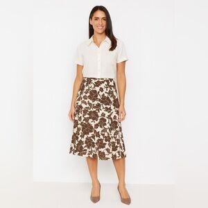 Boden Cream and Brown Floral Cotton A Line Midi Skirt Sz 12